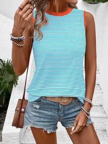 SHEIN 女士休闲无袖圆领撞色条纹印花背心