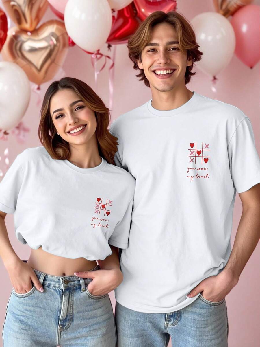 Manfinity Hypemode Valentine's Day Men's Casual Letter Graphic Round Neck Short Sleeve T-Shirt, Summer His And Her Shirts Couple Twinning Outfits Couple Tshirt Couple Clothes Set Couple Matching Shirt - White - View 1