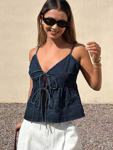 DAZY Women's Summer Tie-Up Casual Vacation Style Camisole Washed Denim Vest - Dark Wash - View 2