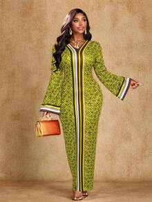 Brilight Đầm dài tay cổ chữ V dáng ôm, in họa tiết nhiệt đới thanh lịch dành cho nữ, thích hợp cho các buổi họp mặt và tiệc tùng, họa tiết Nam Phi, trang phục truyền thống Nam Phi, đầm mùa thu, đầm nữ, đầm dự tiệc thanh lịch. - Màu vàng - Xem 8