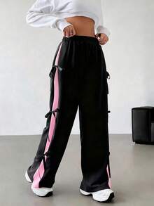 SHEIN EZwear 加大码黑色蝴蝶结松紧腰撞色直筒休闲运动裤，秋冬季 - 黑色 - 查看 3