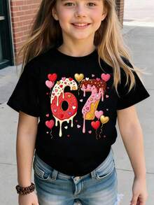 SHEIN GraphicGems 春夏少女休闲时尚创意个性清新别致简约数字67冰淇淋华夫饼彩色糖屑爱心印花舒适基础款短款T恤，适合春夏、情人节氛围、派对上衣、少女生日礼物等场合。 - 黑色 - 查看 7
