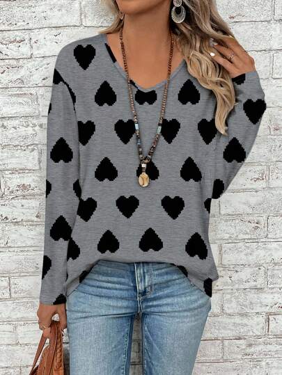 EMERY ROSE Casual Romantic Heart Print Loose V-Neck Long Sleeve T-Shirt For Plus Size Women, Suitable For Spring & Autumn, Gray Top, Valentine's Day, Valentine's Gift, Vacation