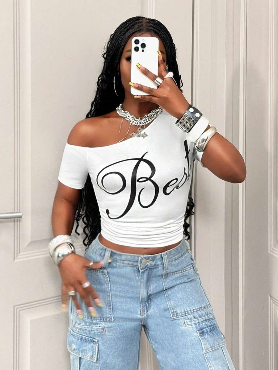 BamGleam Women's Summer Oblique Shoulder Short Sleeve Letter Print Ruched Fitted Cropped Casual Sports White T-Shirt - White - View 1
