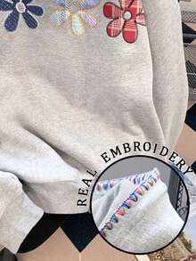 Resyla Plus Size Autumn Casual Embroidered Drawstring Loose Sweatshirt Sweatshirt - Grey - View 5