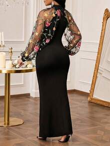 SHEIN Lady 女士花卉刺绣网纱灯笼袖立领修身连衣裙，鱼尾下摆 - 彩色 - 查看 2