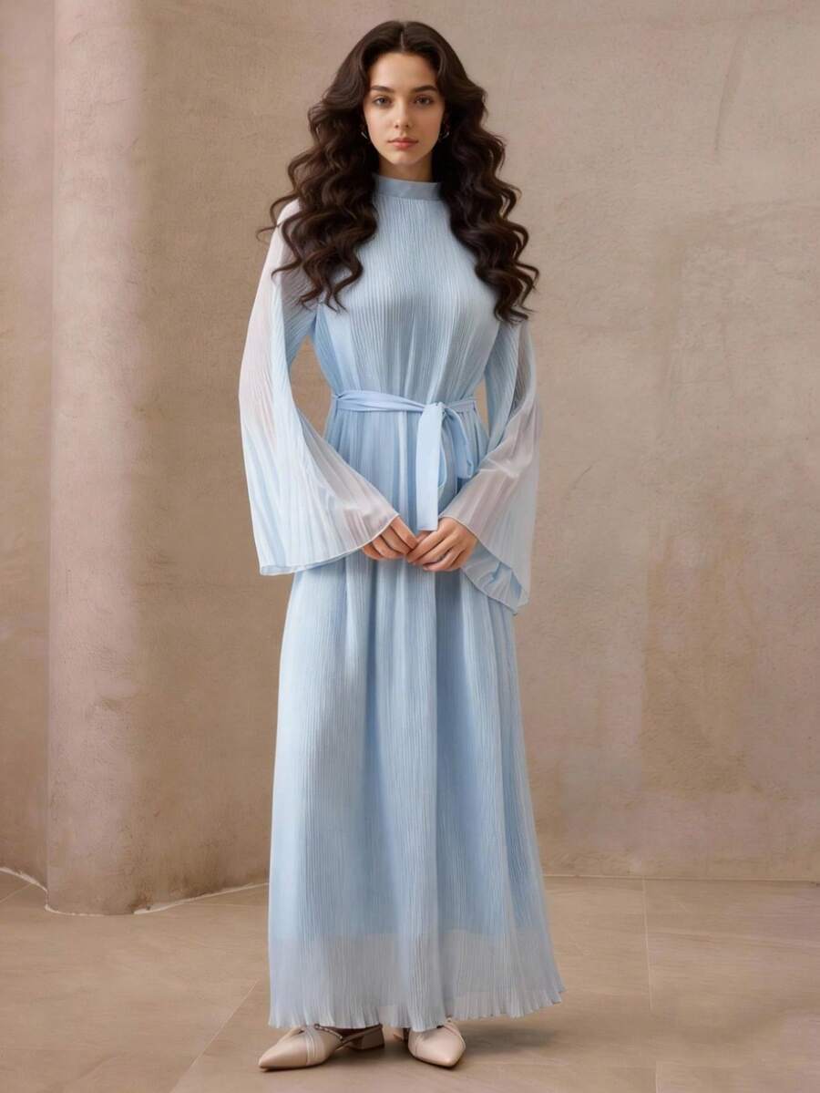 Graceveil 女士高领喇叭袖褶裥中长连衣裙 - 藍色 - 查看 1