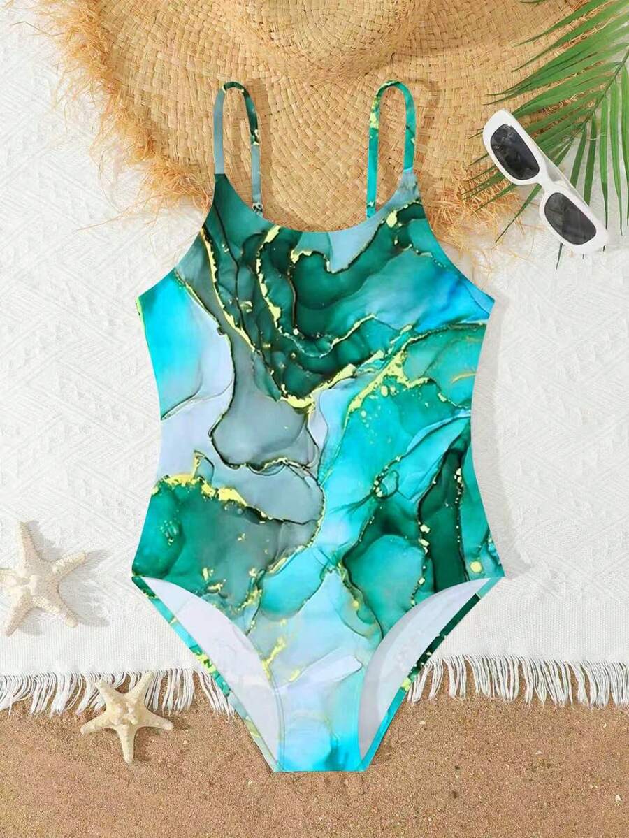 SHEIN Girls One Piece Swimsuit Marble Print Quick Dry Crossback Bathing Suit,8-14Years Kids Turquoise,Summer,Tropical,Beach,Holiday,Vacation,Holiday Cyan - Multicolor - View 1