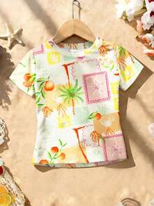 Teen Girls' All-Over Print Round Neck Casual Short Sleeve T-Shirt, Summer - Multicolor - View 7