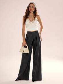 Avenya Women's Casual Everyday Office Commute Pleated Striped Print Loose Wide Leg Pants - Dark Grey - View 6