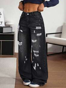 SHEIN Women's Fashion Casual Gothic Dark Wide-Leg Jeans - Black - View 6