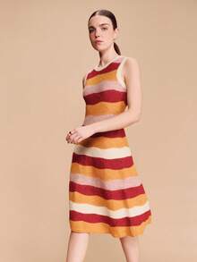 lacRébo 多色波浪条纹开襟针织无袖中长连衣裙，复古春夏风格，法式巴黎风情 - 彩色 - 查看 6