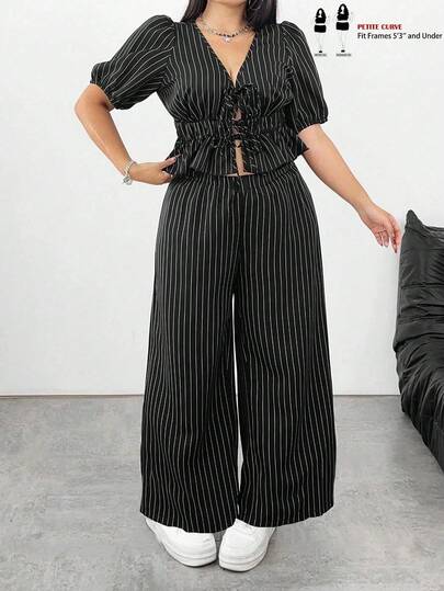 Set de 2 piezas Talla grande Blusa corta casual de escote en V de manga corta con lazo delantero y rayas y Pantalones rectos y relajados a juego