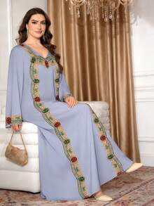 SHEIN Najma Đầm maxi dài tay cổ chữ V thanh lịch kiểu Ả Rập dành cho nữ cỡ lớn, họa tiết kim cương giả thêu, thích hợp cho mùa xuân/hè. - Nhiều màu - Xem 3