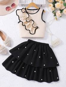 Girls' Sleeveless Asymmetrical Pearl Ruffle Vest And Pearl Double-Layer Skirt Cake Skirt Set Casual Party Gathering Two Pieces Set - Black - View 1