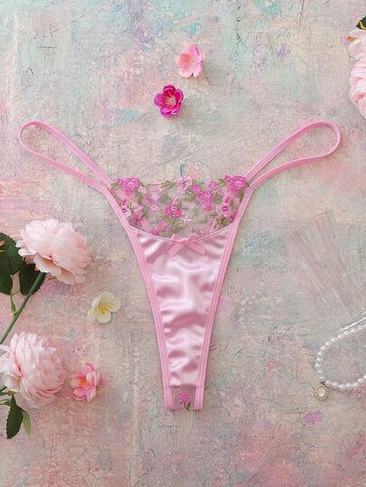 Romantic Floral Embroidery Bow Satin Comfortable Cute Women Thong Panties