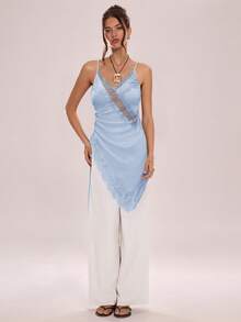 Side Drawstring Ruched Sheer Lace Patchwork Camisole Top - Blue - View 6