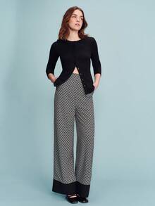 lacRébo 几何印花高腰阔腿裤，撞色裤脚细节，垂坠感面料，时尚百搭的春夏法式巴黎风长裤 - 彩色 - 查看 5