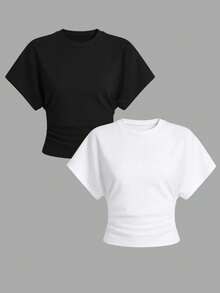 Airaco 2pcs Black & White Crew Neck Casual Versatile Short Sleeve T-Shirts, Summer - Multicolor - View 1