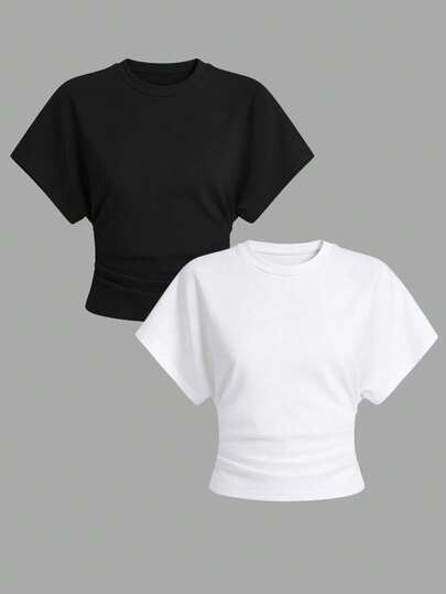 Airaco 2pcs Black & White Crew Neck Casual Versatile Short Sleeve T-Shirts, Summer