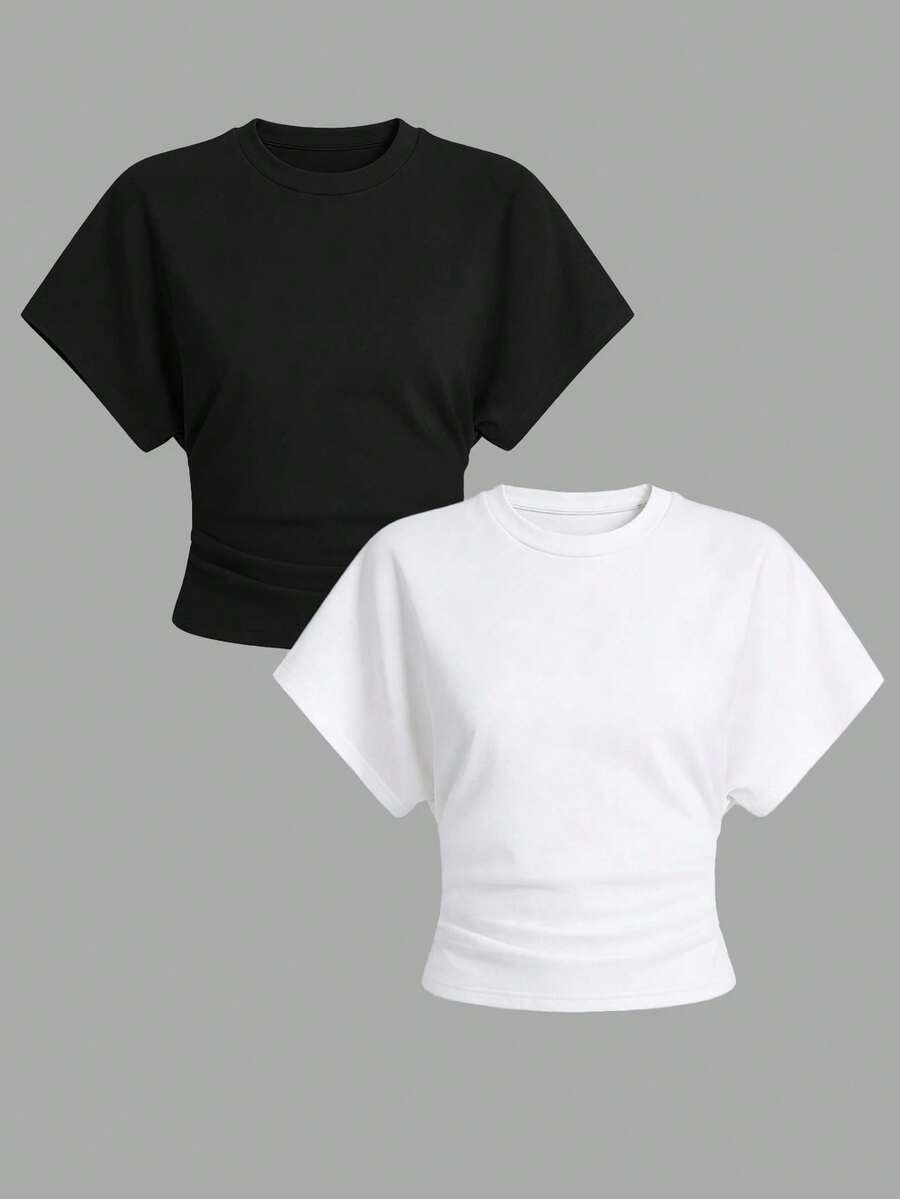 Airaco 2pcs Black & White Crew Neck Casual Versatile Short Sleeve T-Shirts, Summer - Multicolor - View 1