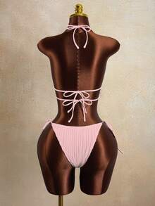 Zestiva Women's 2 Pieces Wavy Striped Shell Tape Splice Tie Neck Bikini Set, Summer - Pink - View 2