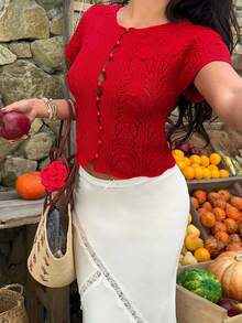 Sunnyshic Casual Versatile Vacation Style Women Short Sleeve Cardigan - Red - View 5