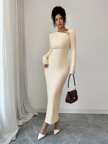 Elenzga Women's Solid Color Metal Decor Asymmetric Collar Long Sleeve Fitted Ribbed Midi Dress