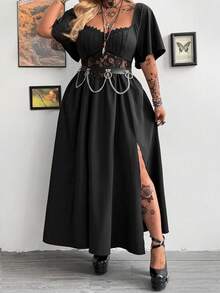 Whyspr New Spring/Summer Western Fashion Gothic Dark Style Patchwork Lace Fabric Dress, Ruffle Trim Tie-Up Design Lantern Sleeve Off-The-Shoulder Dress With Side Slit