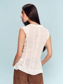 lacRébo Sheer White Chiffon Ruffled Sleeveless Top With Fitted Waist, Romantic Spring Summer Top French Style Parisian Style Vacation Going Out Women's Top - Beige - View 3