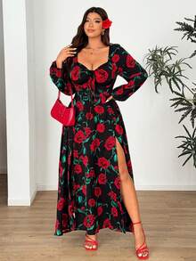 Vionelle Plus Size Elegant Rose Flower Print Sweetheart Neck Lantern Sleeve Dress, Autumn - Black - View 4