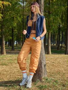 SHEIN In My Nature Women's Color Block Fuzzy Zip Front Pockets Casual Versatile Daily Outdoor Vest Jacket - Blue - View 3
