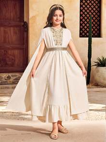 少女中东优雅时尚圆领披肩和无袖圆领连衣裙套装 - 杏色 - 查看 2