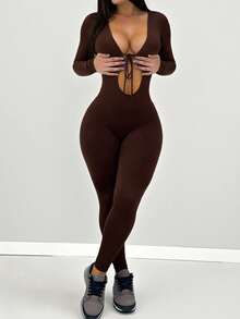 INAWLY 时尚性感纯色系带连体裤 - 咖啡棕 - 查看 3