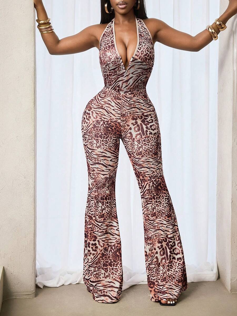 BamGleam Women's Leopard Print Mesh Sexy Jumpsuit, Summer - Brown - View 1