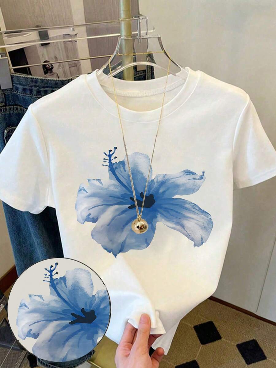 青少年女孩白色短版T恤,夏季休閒飄逸藍色花卉印花,舒適修身度假穿搭,日常百搭百搭上衣 - 白色 - 查看 1