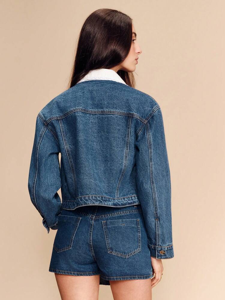 Blue Denim Cropped Jacket With White Lace-Trim Collar Vintage Cute Style French Style Parisian Style Cotton Clothes Cotton Jacket