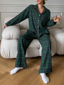 Dazy Tall Tall Women's Plaid Button-Up Shirt & Pants 2 Pieces Casual Set - Dark Green - View 5