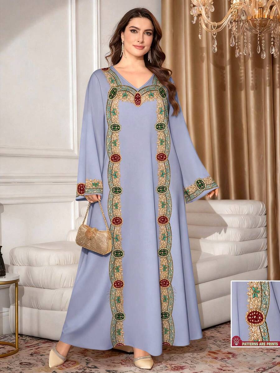 SHEIN Najma Đầm maxi dài tay cổ chữ V thanh lịch kiểu Ả Rập dành cho nữ cỡ lớn, họa tiết kim cương giả thêu, thích hợp cho mùa xuân/hè. - Nhiều màu - Xem 1