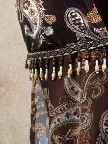 Zestiva Women's Bohemian Printed Beaded Pendant Fabric Tie-Up Halter Swimsuit Top, Summer