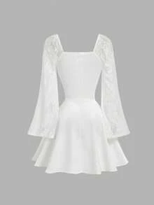 SHEIN MOD Square Neck Ruffle Chest Sheer Lace Flare Sleeve Dress, Valentine's Day,Valentine Outfits For Women,Carnaval,Cocktail Dress,Wedding, Vacation, Afternoon Tea, Everyday Wear Cute White Dress Classy White Dress - White - View 5