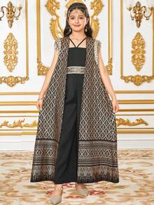 Teen Girl Gold Foil Print Sleeveless Cardigan & Spaghetti Strap Jumpsuit Elegant 2 Pieces Set - Black - View 1