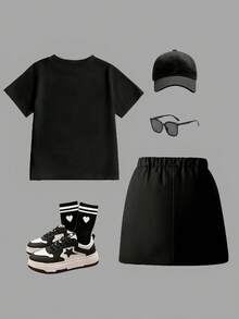 少女休闲简约甜美印花短袖圆领T恤搭配工装裙，适合夏季穿着。夏季简约插肩袖T恤搭配修身半身裙两件套，可机洗，面料舒适，适合休闲穿着。 - 彩色 - 查看 3