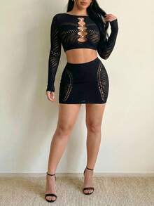 VaVaBold Summer Sexy Hollow Out Crop Top + Mini Skirt 2-Piece Suit Fall Cloth For Women - Black - View 1