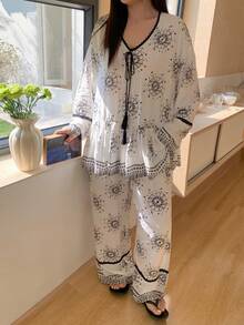 Dazy Plus 2pcs/Set Elegant Floral Print Loose Fit Pullover Top And Straight Leg Pants Pajama Set, Plus Size Women Spring/Autumn - White - View 8