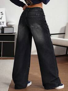 SHEIN Women's Fashion Casual Gothic Dark Wide-Leg Jeans - Black - View 2
