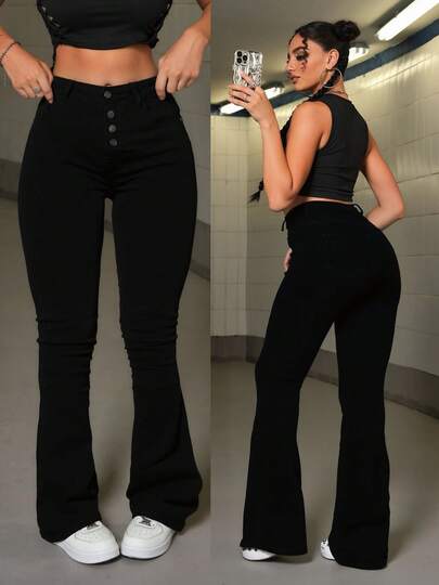 Jeans de Campana de Cintura Alta con Múltiples Botones de Color Negro para Mujer, Pantalones Retro y Ajustados