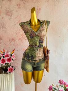 Sunnyshic 女士休闲度假优雅佩斯利印花波西米亚风V领短袖修身T恤，日常百搭 - 彩色 - 查看 3