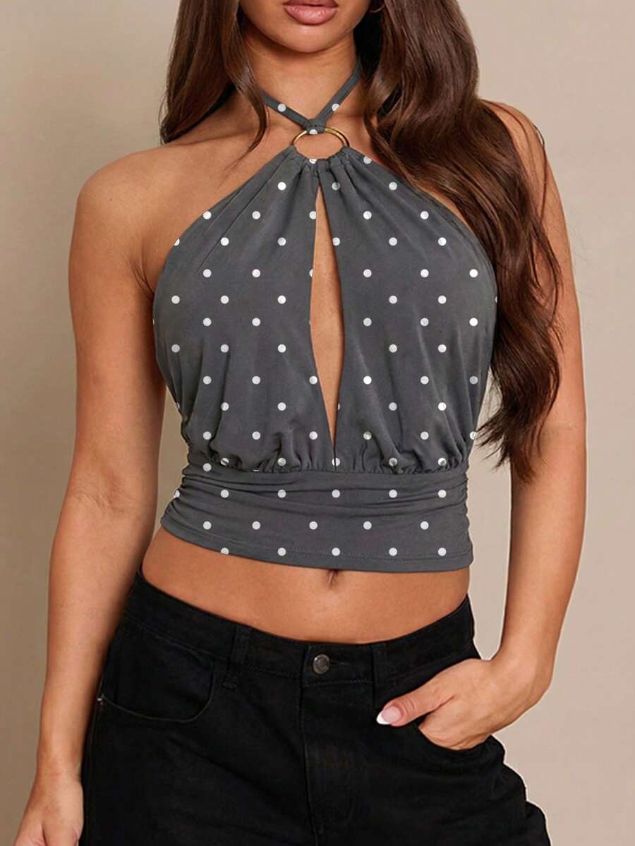 Zyxie Women's Polka Dot Print Circular Decor Hollow Back Camisole - Dark Grey - View 1