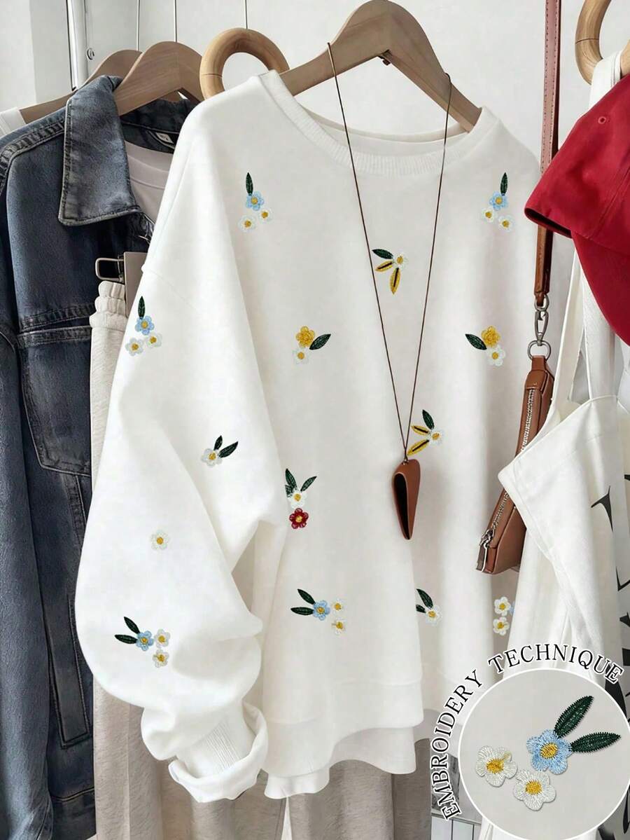 Resyla 休闲宽松圆领长袖百搭女式卫衣 - 白色 - 查看 1